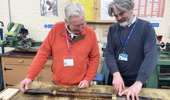Andrew Alsop and Patrick Abbott Inspecting the 250 Year Old Bassoon
